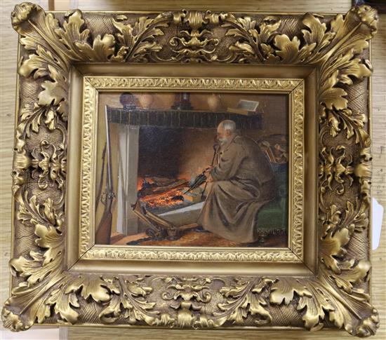 19th century English School, oil on panel, Huntsman at a fireplace 14 x 18cm